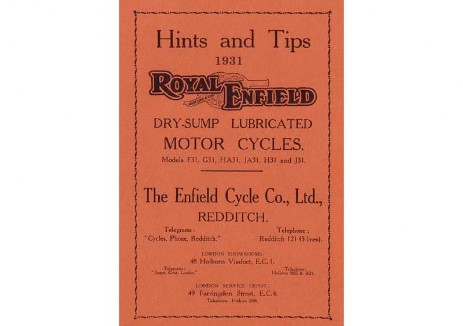 British Royal Enfield owners manual 1931 Model F, G, H & J